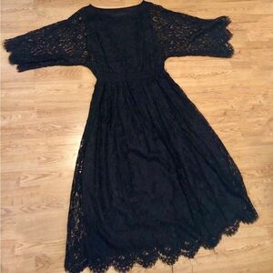Vintage 1990s Pull-On Black Lace Below Knee-Length Dress